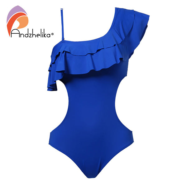 Andzhelika Solid Black Ruffled One-piece Swimsuit Women Bodysuits Summer Sexy Brazilian Hollow Out Bathing Suit Monokini