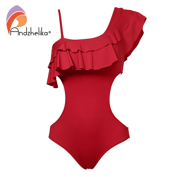 Andzhelika Solid Black Ruffled One-piece Swimsuit Women Bodysuits Summer Sexy Brazilian Hollow Out Bathing Suit Monokini