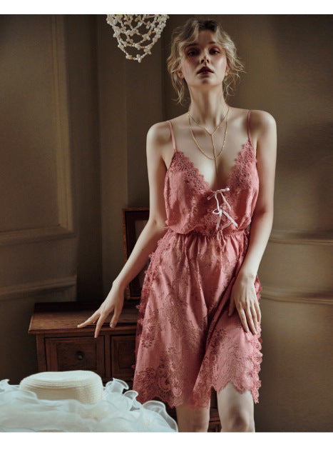 IRENE TINNIE Sexy Pyjamas Women Perspective Lace Hollow Out Deep V Lingerie Solid Strapless Nuisette Split Backless Nightdress