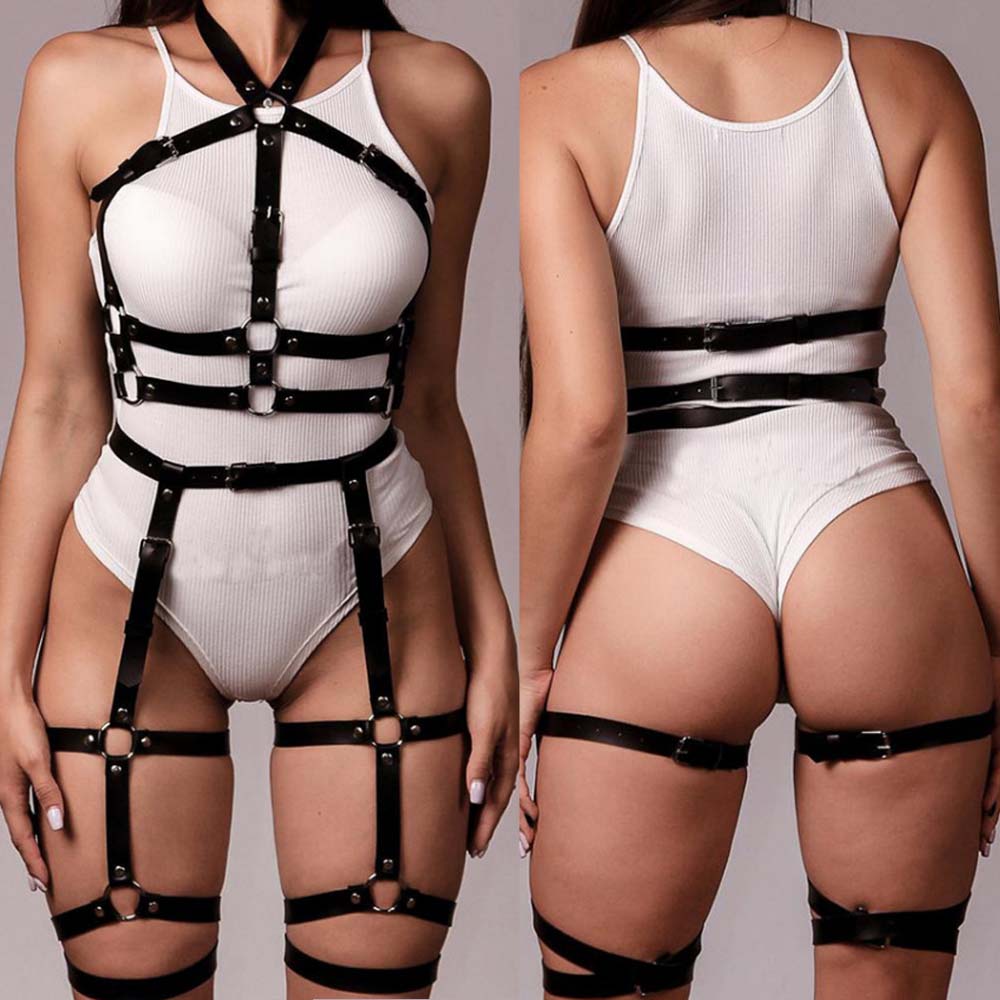Women Sexy Leather Harness Set Bdsm Lingerie Full Body Bondage Cage Gothic Erotic Black Adjustable Garter Belt Suspenders Straps