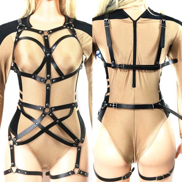 Women Sexy Leather Harness Set Bdsm Lingerie Full Body Bondage Cage Gothic Erotic Black Adjustable Garter Belt Suspenders Straps