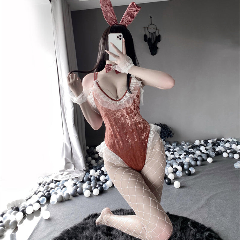 Bunny Girl Cosplay Costume Cute Anime Halloween Women Rose Pink Velvet Sexy Jumpsuit Erotic Lingerie sexy skirt kawaii