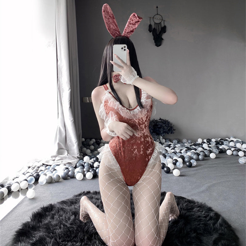 Bunny Girl Cosplay Costume Cute Anime Halloween Women Rose Pink Velvet Sexy Jumpsuit Erotic Lingerie sexy skirt kawaii