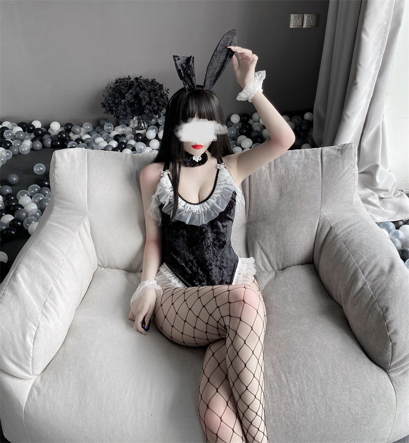 Bunny Girl Cosplay Costume Cute Anime Halloween Women Rose Pink Velvet Sexy Jumpsuit Erotic Lingerie sexy skirt kawaii