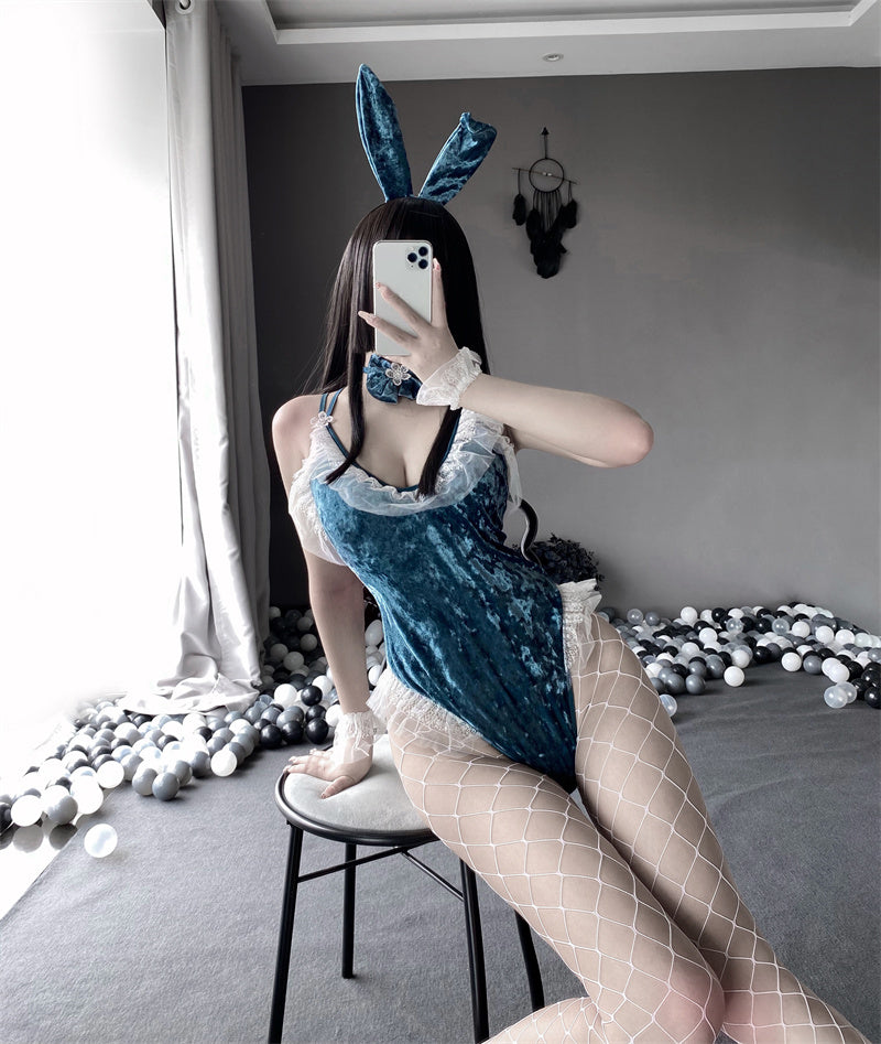 Bunny Girl Cosplay Costume Cute Anime Halloween Women Rose Pink Velvet Sexy Jumpsuit Erotic Lingerie sexy skirt kawaii
