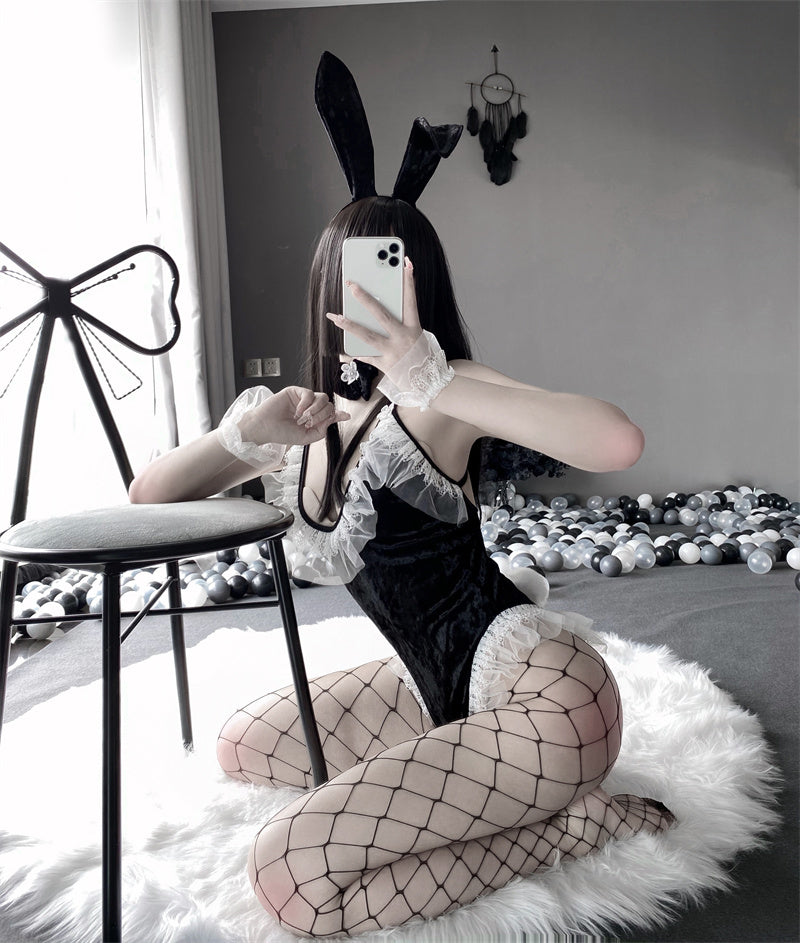 Bunny Girl Cosplay Costume Cute Anime Halloween Women Rose Pink Velvet Sexy Jumpsuit Erotic Lingerie sexy skirt kawaii