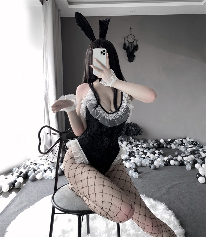 Bunny Girl Cosplay Costume Cute Anime Halloween Women Rose Pink Velvet Sexy Jumpsuit Erotic Lingerie sexy skirt kawaii