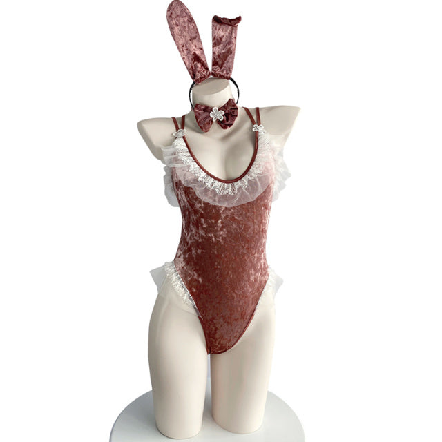 Bunny Girl Cosplay Costume Cute Anime Halloween Women Rose Pink Velvet Sexy Jumpsuit Erotic Lingerie sexy skirt kawaii