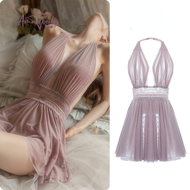 Backless Tulle Nightdress Lace Halter Neck Mesh Underwear Nighty for Ladies Night Dress Sleepwear Women Sexy Lingerie Nightwear
