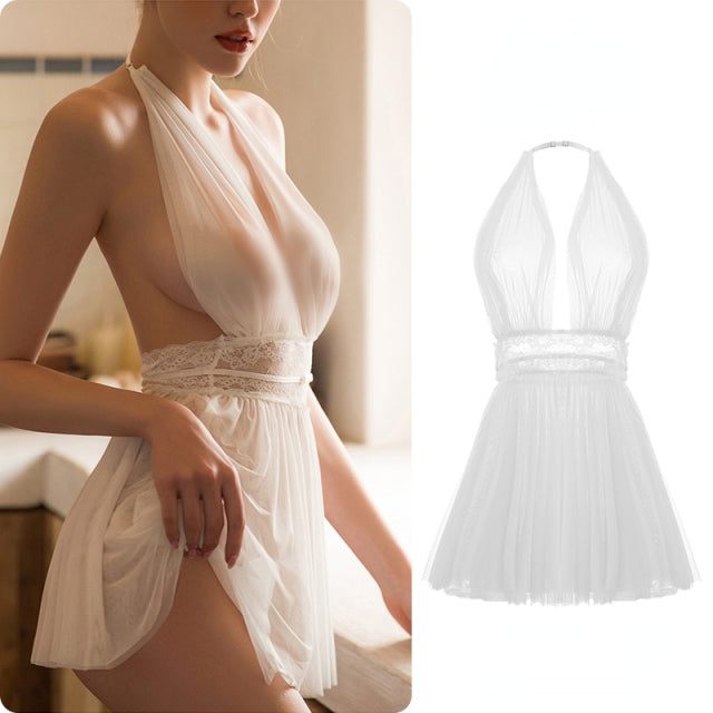 Backless Tulle Nightdress Lace Halter Neck Mesh Underwear Nighty for Ladies Night Dress Sleepwear Women Sexy Lingerie Nightwear