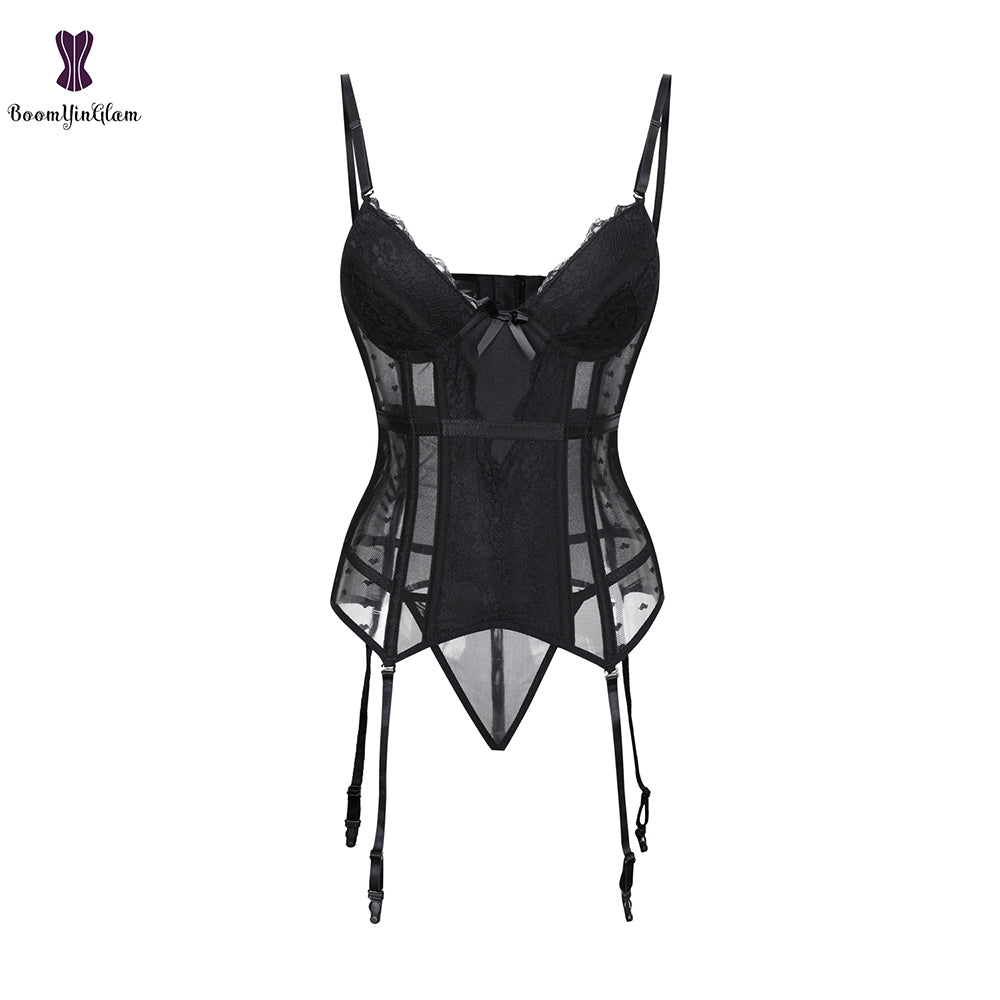 Removable Straps Lingerie Women Amour Accent Lightly Padded Underwired Basque Corset Bustier With Suspenders