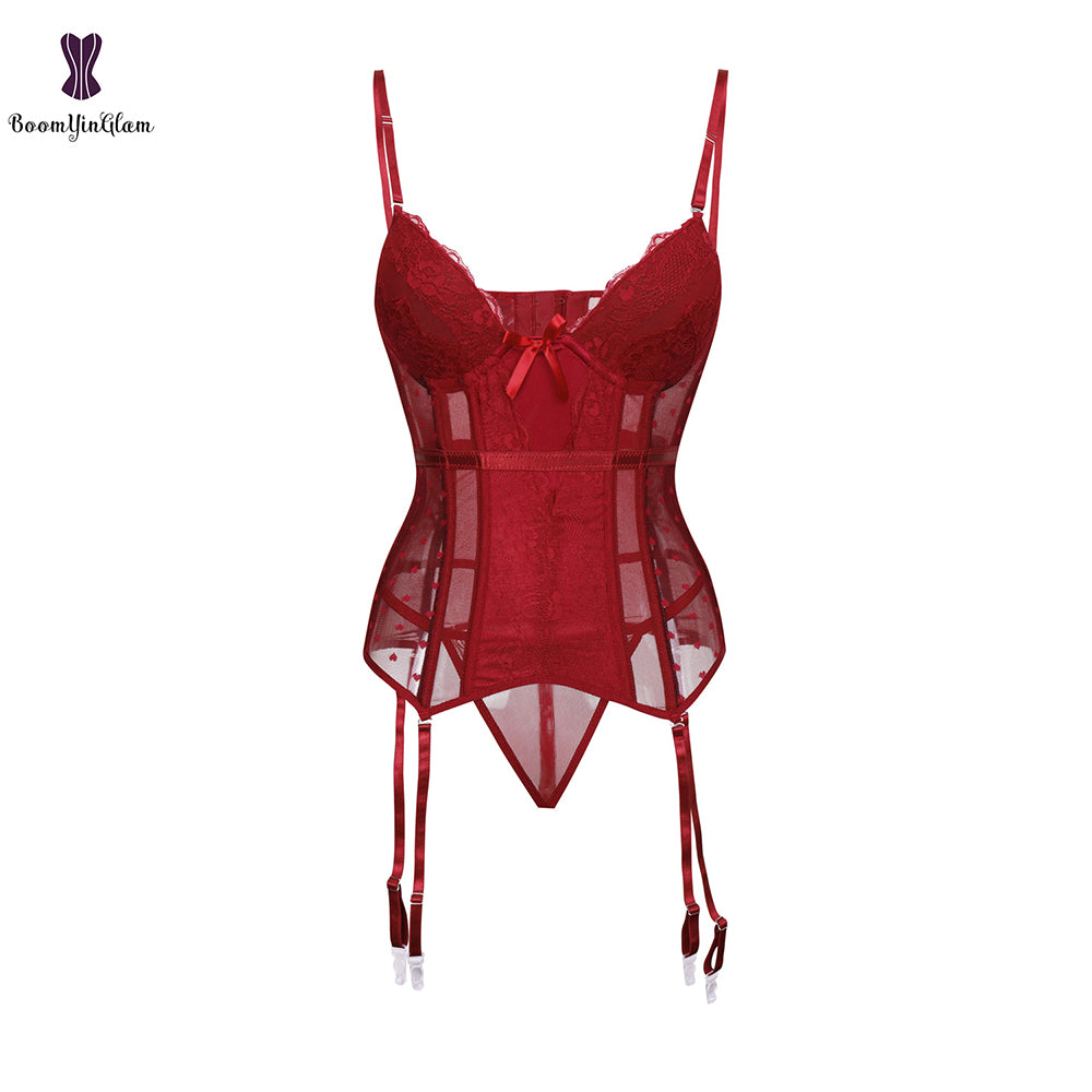 Removable Straps Lingerie Women Amour Accent Lightly Padded Underwired Basque Corset Bustier With Suspenders