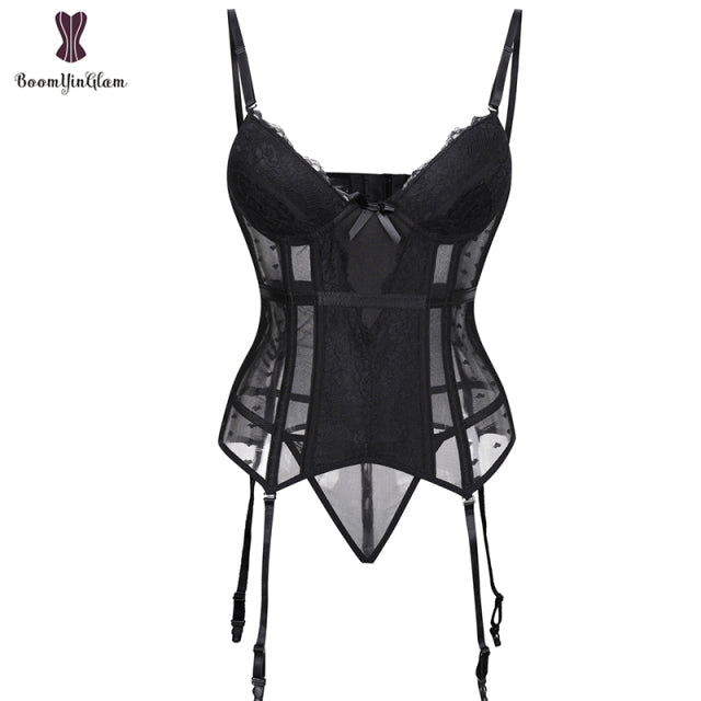 Removable Straps Lingerie Women Amour Accent Lightly Padded Underwired Basque Corset Bustier With Suspenders