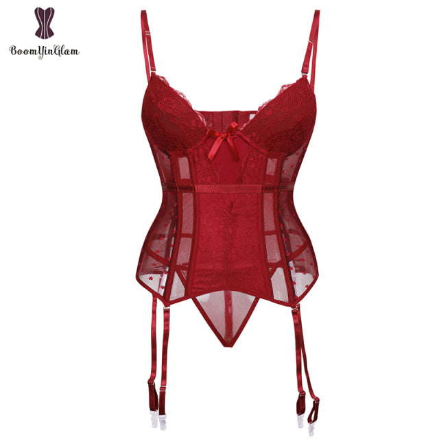 Removable Straps Lingerie Women Amour Accent Lightly Padded Underwired Basque Corset Bustier With Suspenders
