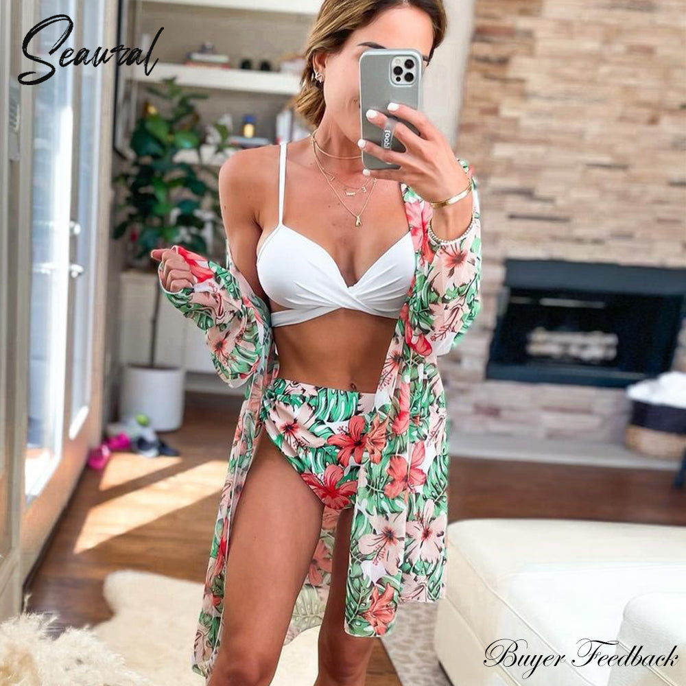 Sexy Bikinis And Cover Set Women Swimsuit Printed Swimwear High Waist Summer Strappy Bathing Suit Beach Wear Biquini Female
