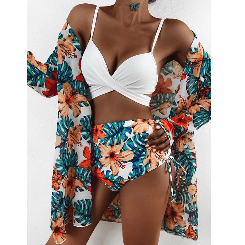 Sexy Bikinis And Cover Set Women Swimsuit Printed Swimwear High Waist Summer Strappy Bathing Suit Beach Wear Biquini Female