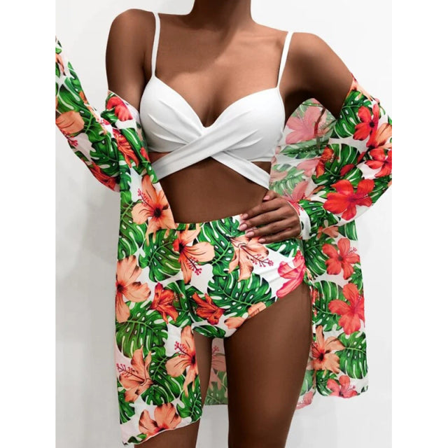 Sexy Bikinis And Cover Set Women Swimsuit Printed Swimwear High Waist Summer Strappy Bathing Suit Beach Wear Biquini Female