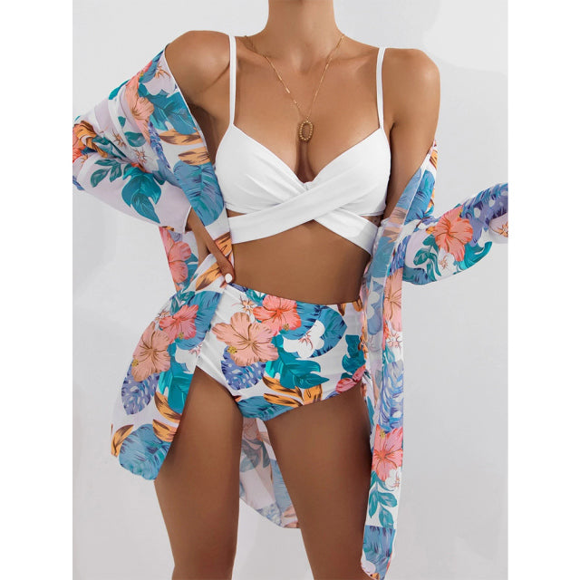 Sexy Bikinis And Cover Set Women Swimsuit Printed Swimwear High Waist Summer Strappy Bathing Suit Beach Wear Biquini Female