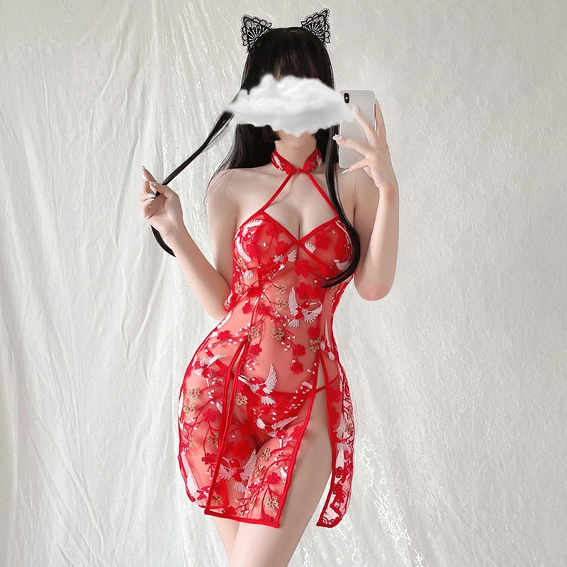 Halter Embroidery Women Cheongsam Nightdress Backless Vintage Split Mesh Erotic Costume Deep V Neck Lace Up Perspective Lingerie