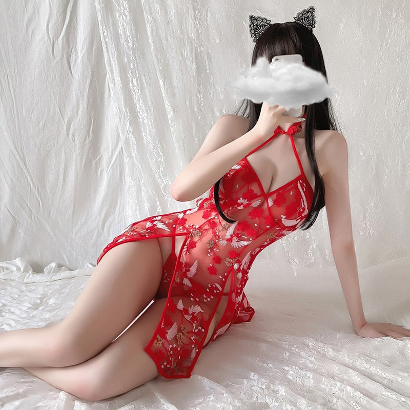 Halter Embroidery Women Cheongsam Nightdress Backless Vintage Split Mesh Erotic Costume Deep V Neck Lace Up Perspective Lingerie