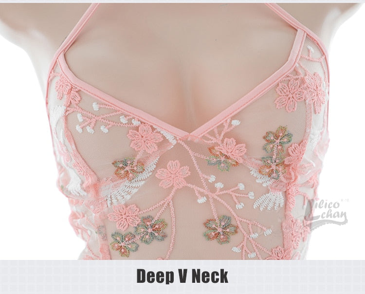 Halter Embroidery Women Cheongsam Nightdress Backless Vintage Split Mesh Erotic Costume Deep V Neck Lace Up Perspective Lingerie