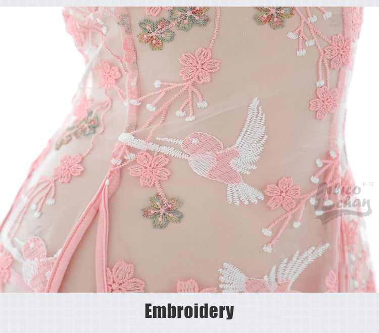 Halter Embroidery Women Cheongsam Nightdress Backless Vintage Split Mesh Erotic Costume Deep V Neck Lace Up Perspective Lingerie