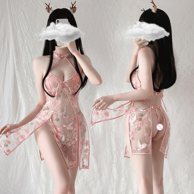 Halter Embroidery Women Cheongsam Nightdress Backless Vintage Split Mesh Erotic Costume Deep V Neck Lace Up Perspective Lingerie