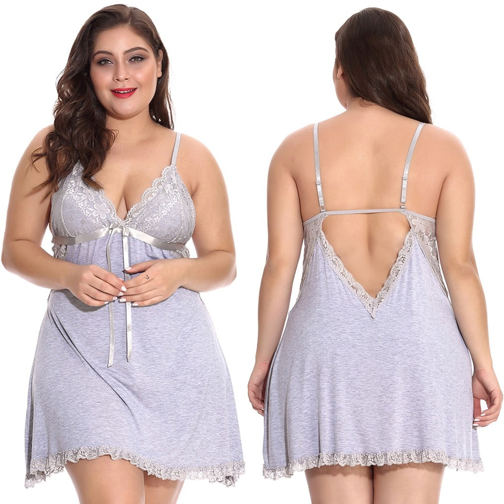 4XL Plus Size Modal Cotton Women Nightgown Sexy Backless Sleepwear Dress V-neck Lace Spaghetti Strap Night Dress Sexy Nightie