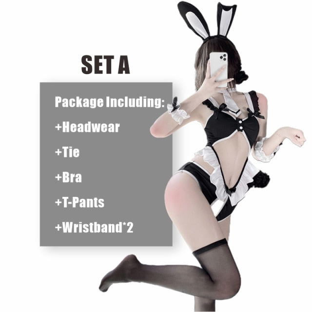 OJBK Japanese Sexy Bunny Costume Women Hollow Out Black Lingerie Rabbit Cosplay Uniform Kawaii Bunny Girl Bodysuit Erotic Outfit
