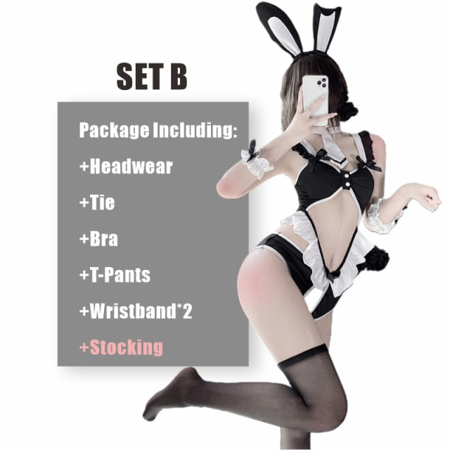 OJBK Japanese Sexy Bunny Costume Women Hollow Out Black Lingerie Rabbit Cosplay Uniform Kawaii Bunny Girl Bodysuit Erotic Outfit