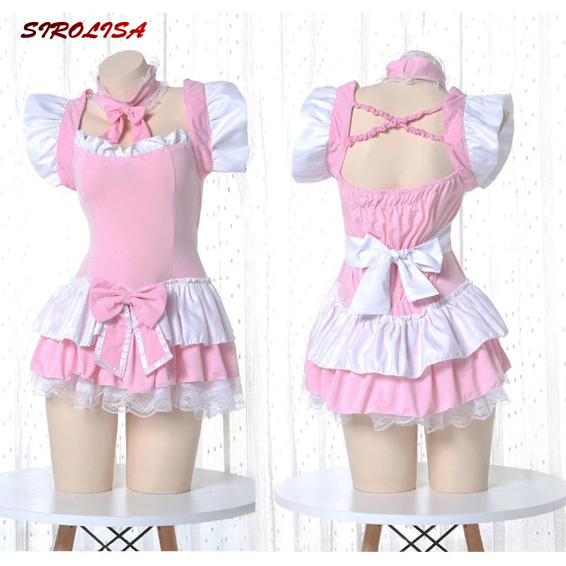 Lolita Cute Pink Ruffle Maid Outfit Japanese Girl Cosplay Sexy Costumes Daily Apron Uniform Skirt Set Kawaii Nightdress