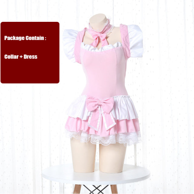 Lolita Cute Pink Ruffle Maid Outfit Japanese Girl Cosplay Sexy Costumes Daily Apron Uniform Skirt Set Kawaii Nightdress