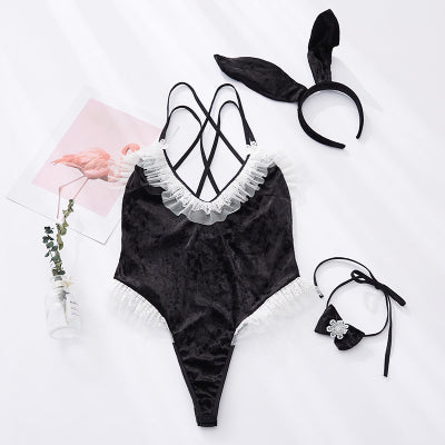 Bunny Girl Cosplay Costume Cute Anime Halloween Women Rose Pink Velvet Sexy Jumpsuit Erotic Lingerie sexy skirt kawaii