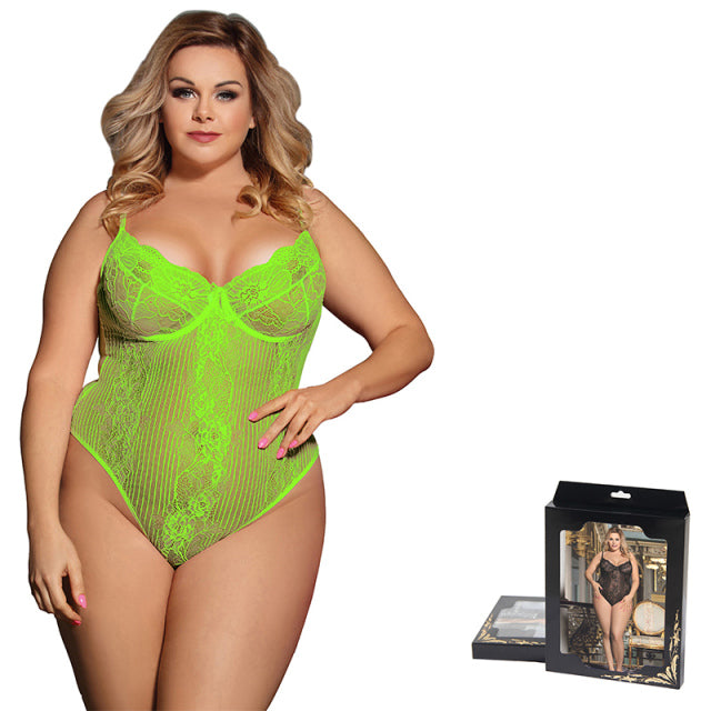 Comeondear Neon Plus Size Lace Bodyduit Jumpsuits Rompers Transparent Sheer Mesh Bodysuit Backless Body Suits For Women Overalls