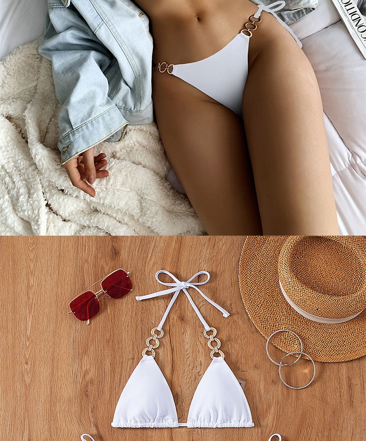 Swimsuit 2022 New Chain and Diamond Bikinis Tie Triangle Solid Sexy Bikini Suit Female Swimwear Women&#39;s Swimming Suit Bathing
