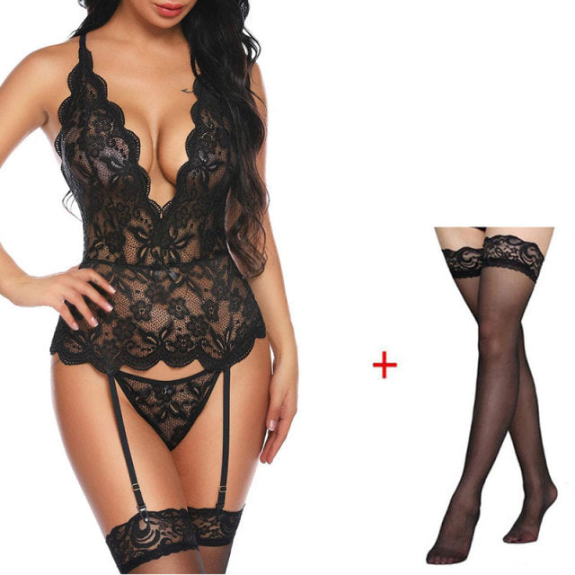 Women&#39;s Sexy Lace Babydoll Set Erotic Exotic Lingerie Set Transparent Lace Bra + Thong Sexy Lingerie Set Adult Clothing