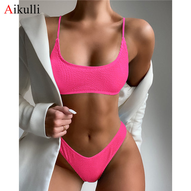 New Ribbed Bikinis Swimsuits Sexy Bandeau Solid Swimwear Women Two-pieces Bather Bathing Suits High Cut Biquini Beachwear