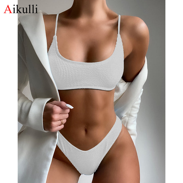 New Ribbed Bikinis Swimsuits Sexy Bandeau Solid Swimwear Women Two-pieces Bather Bathing Suits High Cut Biquini Beachwear