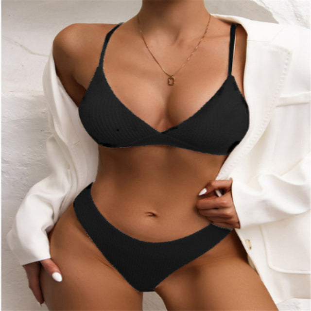New Ribbed Bikinis Swimsuits Sexy Bandeau Solid Swimwear Women Two-pieces Bather Bathing Suits High Cut Biquini Beachwear