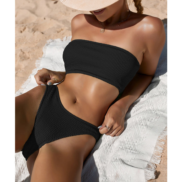 New Ribbed Bikinis Swimsuits Sexy Bandeau Solid Swimwear Women Two-pieces Bather Bathing Suits High Cut Biquini Beachwear