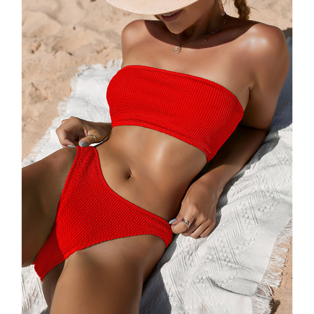 New Ribbed Bikinis Swimsuits Sexy Bandeau Solid Swimwear Women Two-pieces Bather Bathing Suits High Cut Biquini Beachwear