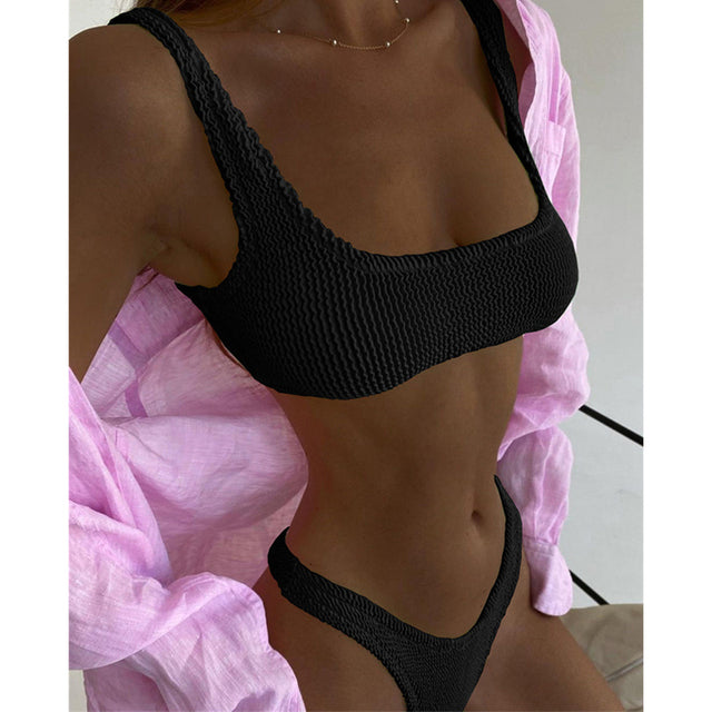 New Ribbed Bikinis Swimsuits Sexy Bandeau Solid Swimwear Women Two-pieces Bather Bathing Suits High Cut Biquini Beachwear