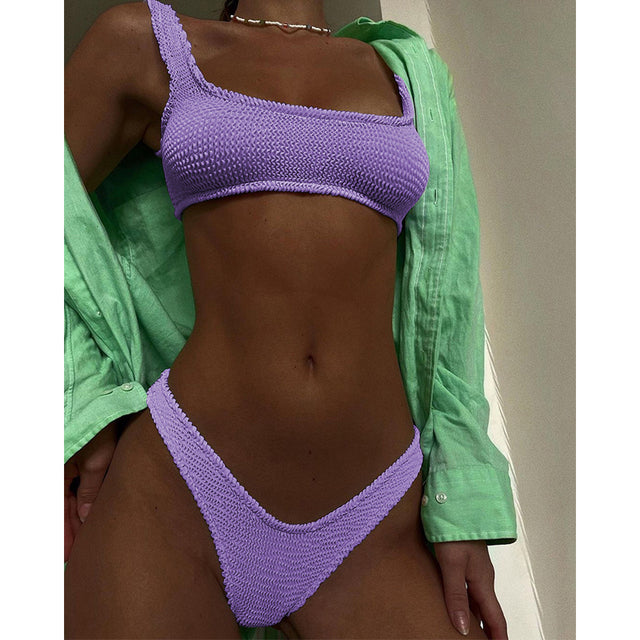 New Ribbed Bikinis Swimsuits Sexy Bandeau Solid Swimwear Women Two-pieces Bather Bathing Suits High Cut Biquini Beachwear