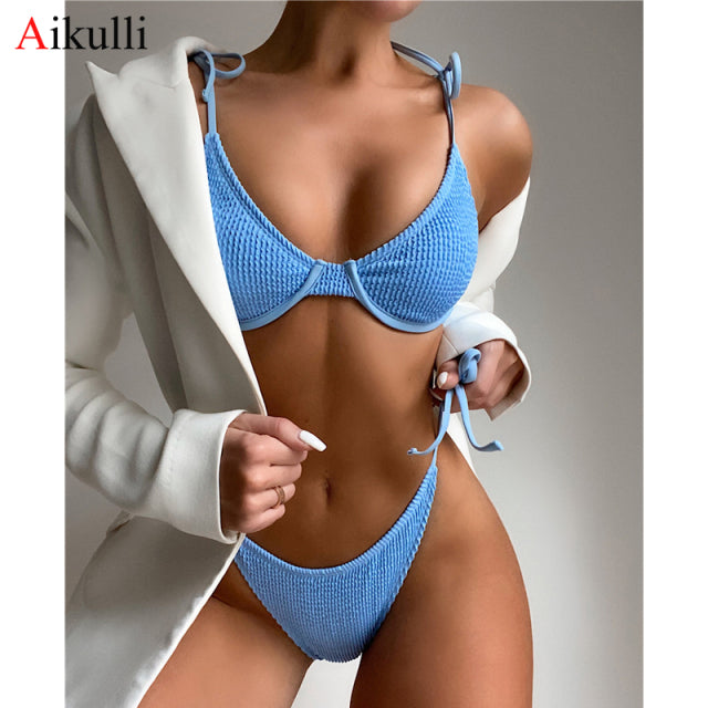 New Ribbed Bikinis Swimsuits Sexy Bandeau Solid Swimwear Women Two-pieces Bather Bathing Suits High Cut Biquini Beachwear