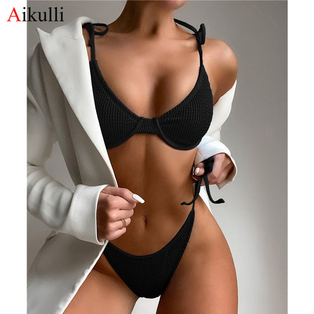 New Ribbed Bikinis Swimsuits Sexy Bandeau Solid Swimwear Women Two-pieces Bather Bathing Suits High Cut Biquini Beachwear