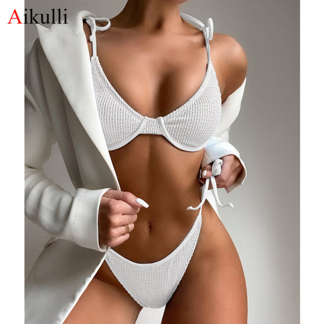 New Ribbed Bikinis Swimsuits Sexy Bandeau Solid Swimwear Women Two-pieces Bather Bathing Suits High Cut Biquini Beachwear