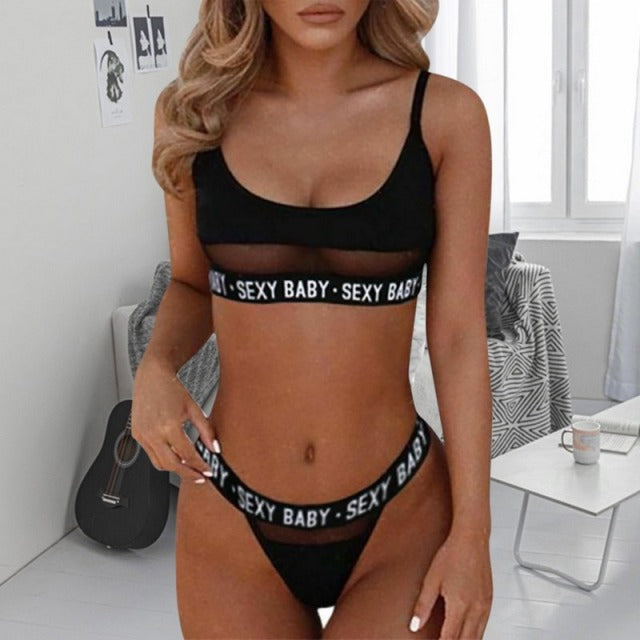 Sexy See Through Lingerie Women Underwear Set Bra Set String Transparent Bandage Hollow Out Female Bra And Party Set