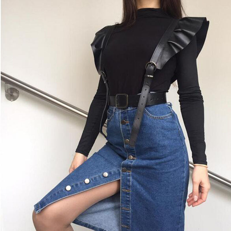 HATCYGGO Women Leather Belt Body Bondage Harness Brass Peplum Waist Belt Suspenders Fashion Corsets Dress Belts Luxury
