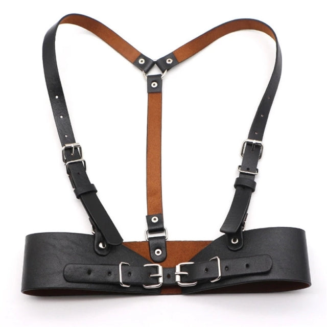 HATCYGGO Women Leather Belt Body Bondage Harness Brass Peplum Waist Belt Suspenders Fashion Corsets Dress Belts Luxury