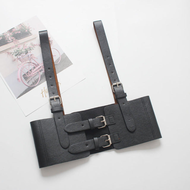HATCYGGO Women Leather Belt Body Bondage Harness Brass Peplum Waist Belt Suspenders Fashion Corsets Dress Belts Luxury
